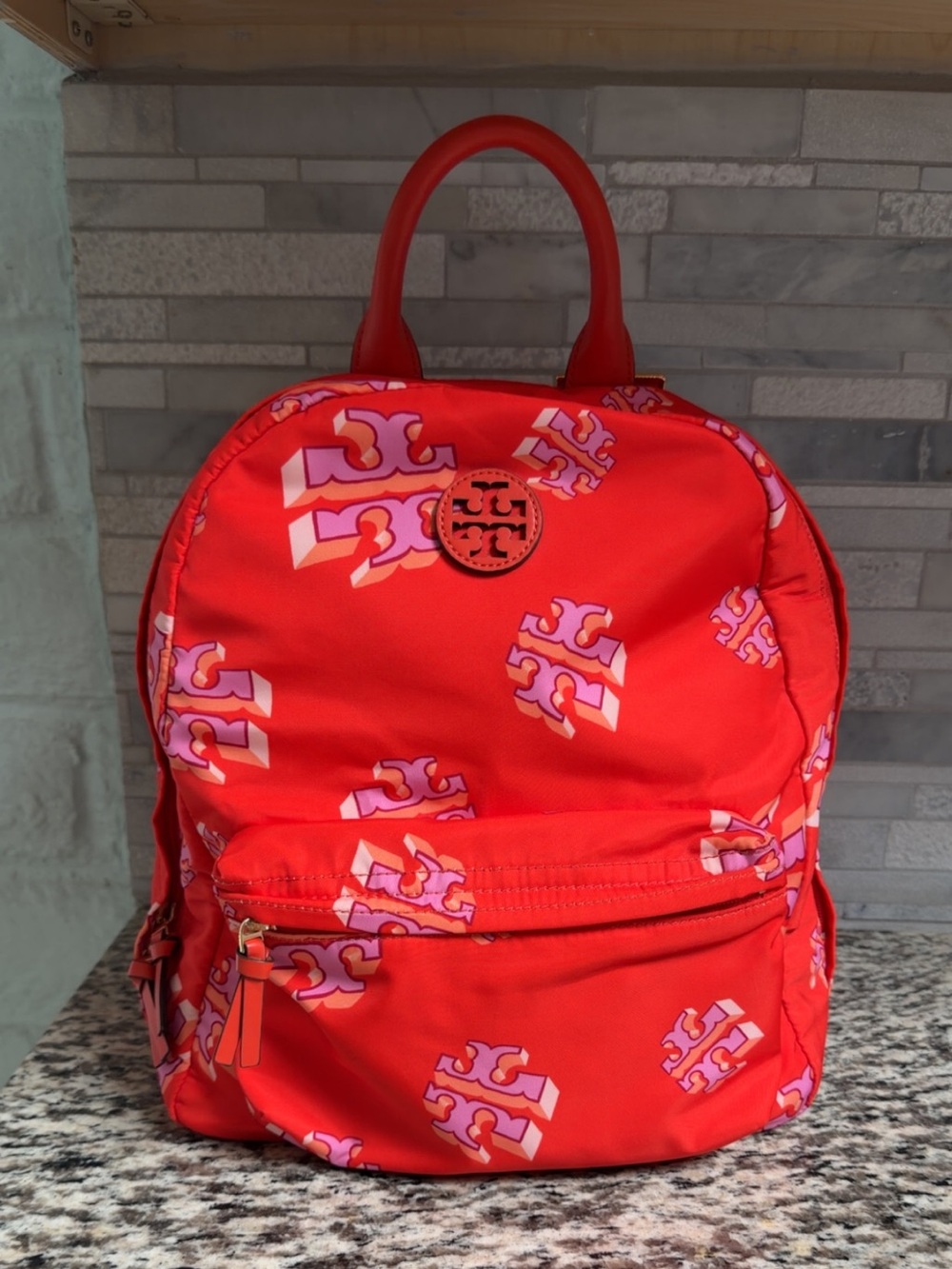Tory Burch Red Backpack with Pink Logo Motif